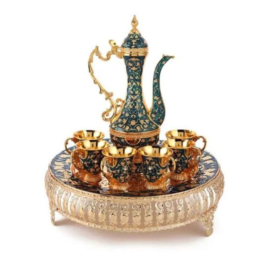Antique Blue Gold Vintage Drinkware Set with Tray for Decoration